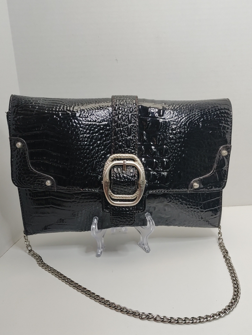 Jessica Simpson Black Croc-Embossed Clutch With Chain Strap Faux Leather